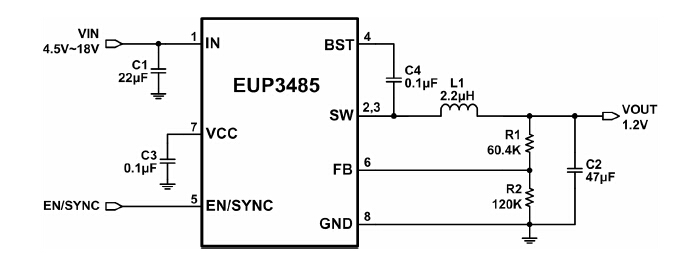 EUP3485һ500KHz̶ƵͬģѹDC-DC任оƬ110mغ 30mͬأ4.5V21V뷶Χܹṩߴ4AĸصڲͬأҪФػܣЧ