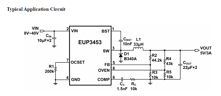 EUP3453һõģƼܹĽѹDC-DC任ṩߴ3Aĸصк õԵʺ͸صʡEUP34534.75V40VѹΧȶͨⲿѹʵ0.9215Vѹ