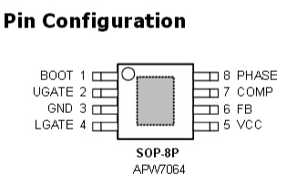 APW7064  Synchronous Buck PWM Controller,The APW7064 uses fixed 200kHz switching frequency,  voltage mode, synchronous PWM controller which drives  dual N-channel MOSFETs.