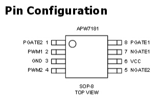 APW7181  Full-Bridge Inverter Gate Driver,The APW7181 is designed to drive two high-side P-chan-  nel MOSFETs and two low-side N-channel MOSFETs in a  full-bridge configuration. The outputs are indepe