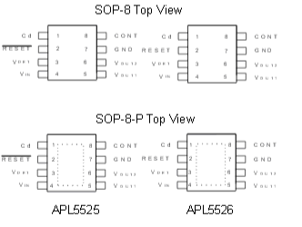 The APL5525/ APL5526 is a dual-channel regulator with reset  function (specific voltage monitoring), and internal  delay circuit, set to detect 3.9V or 4.2V. Maximum  input voltage is 6V,